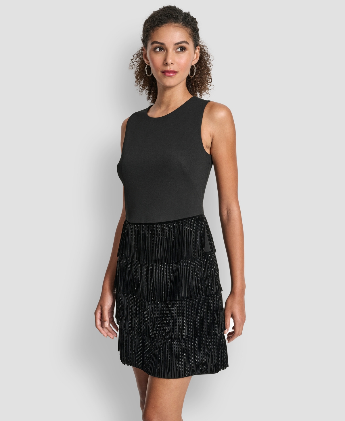 Dkny Women's Sleeveless Tiered Studded Fringe Shift Dress