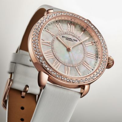 Elegant Women s 40mm Dress Watch – Model 4068, White Satin Leather Band, Rose-Tone Crystal Accents