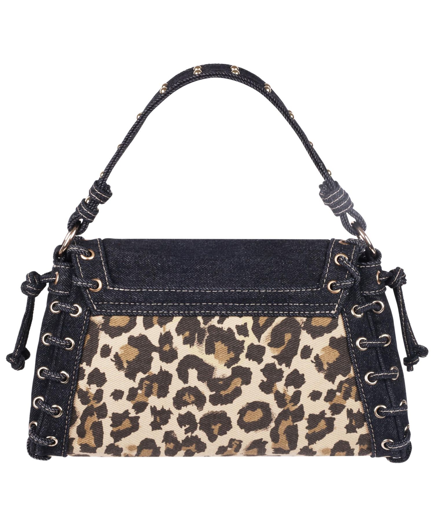 Denim Leopard Eyelet Trim Flap Bag