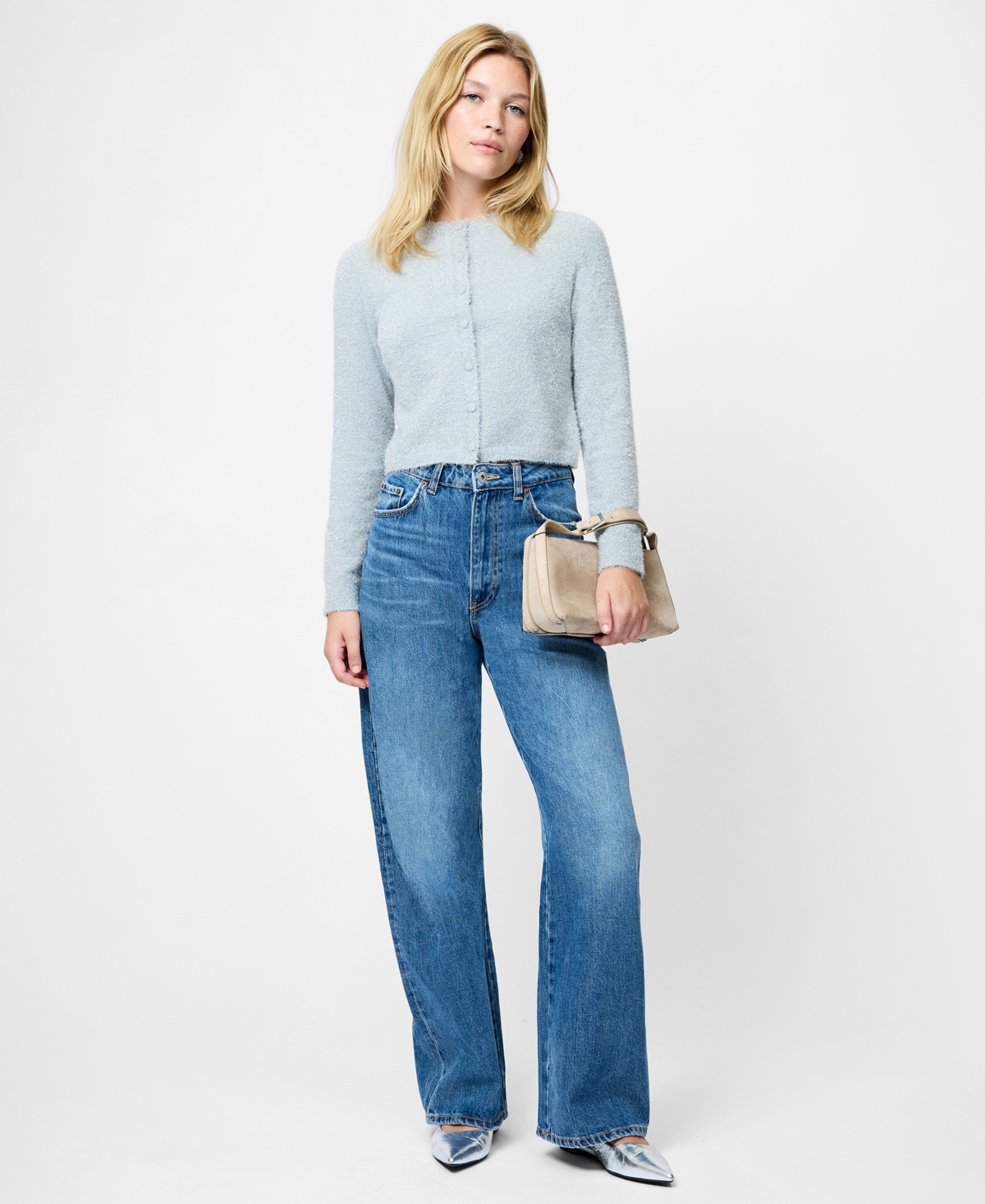 French Connection Tinsel Metallic Fuzzy Cardigan In Blue