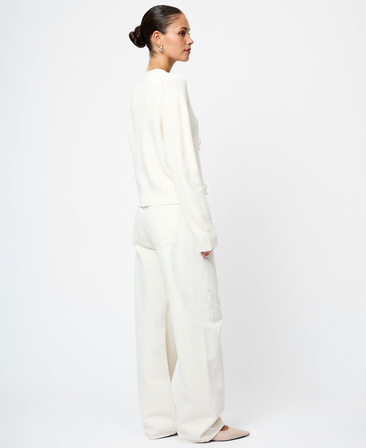 French Connection Women's Babysoft Knit V-neck Embellished Bow Cardigan Sweater In White