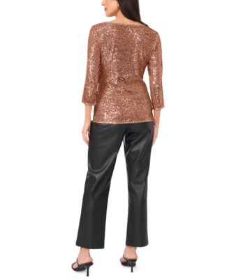 Women's Sequined Cowlneck 3/4-Sleeve Top