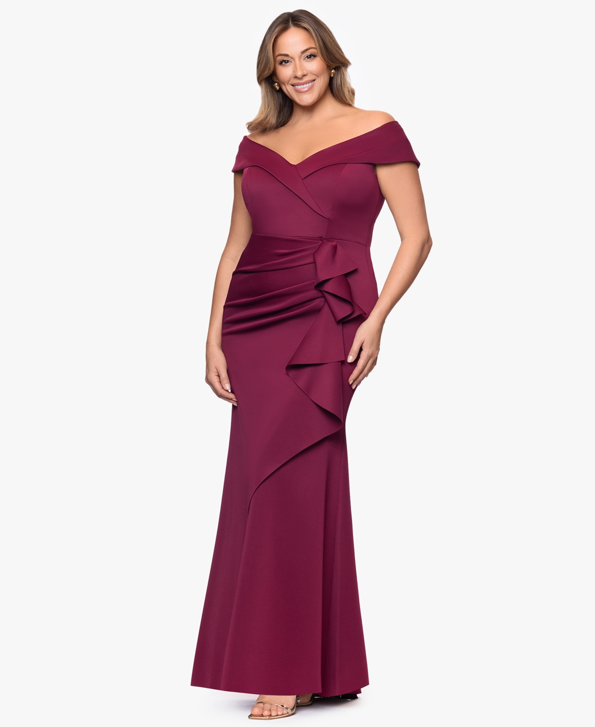 Xscape Plus Size Off-the-shoulder Scuba Crepe Gown In Burgundy