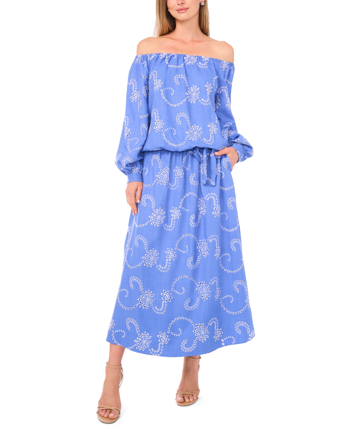 Vince Camuto Eyelet Off The Shoulder Long Sleeve Top In Blue