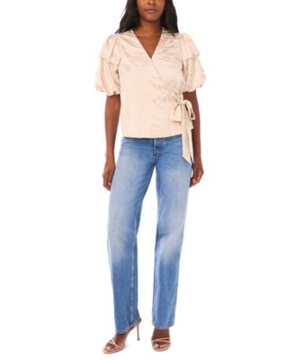 Women's Bubble Sleeve V-Neck Wrap Tie Top