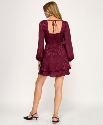 ROW A Juniors' Long Sleeve Satin Jacquard Dress - Macy's