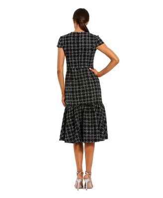 Women's Button Up Cap Sleeve Boucle A Line Midi Dress