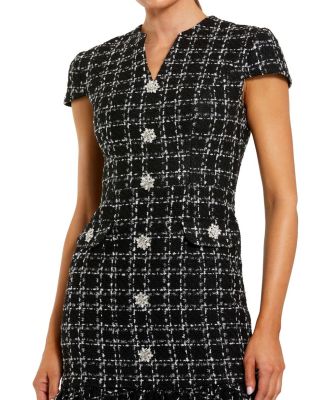 Women's Button Up Cap Sleeve Boucle A Line Midi Dress