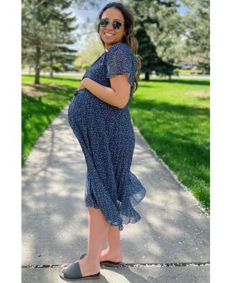 Maternity Navy Leaf Print Pleated Midi Dress