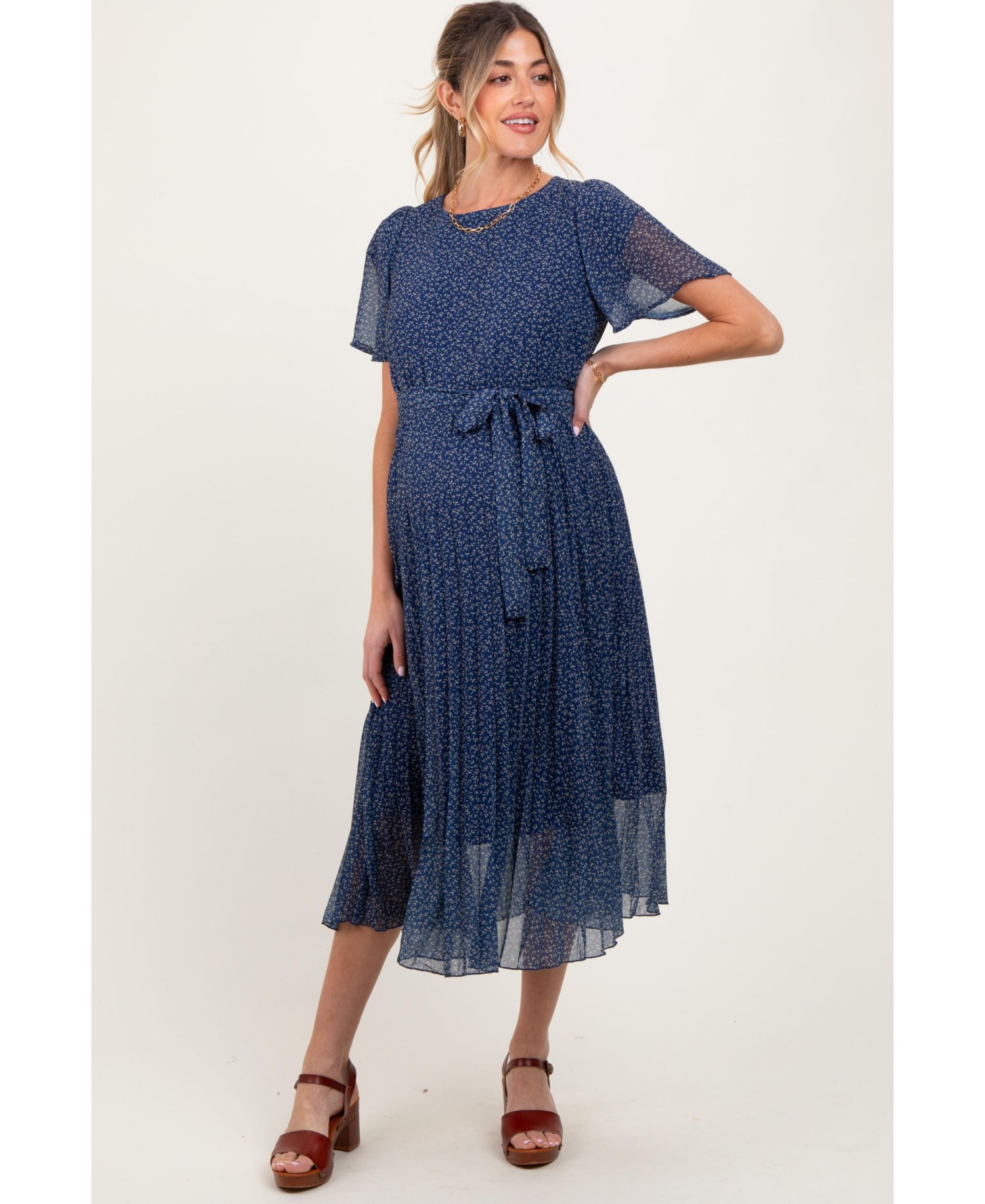 Women's Navy Leaf Print Pleated Midi Dress