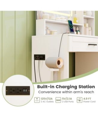 Glass Top Vanity Desk with LED Mirror, 3-Color Lighting & Hair Dryer Stand – 4 Drawers, Charging Station