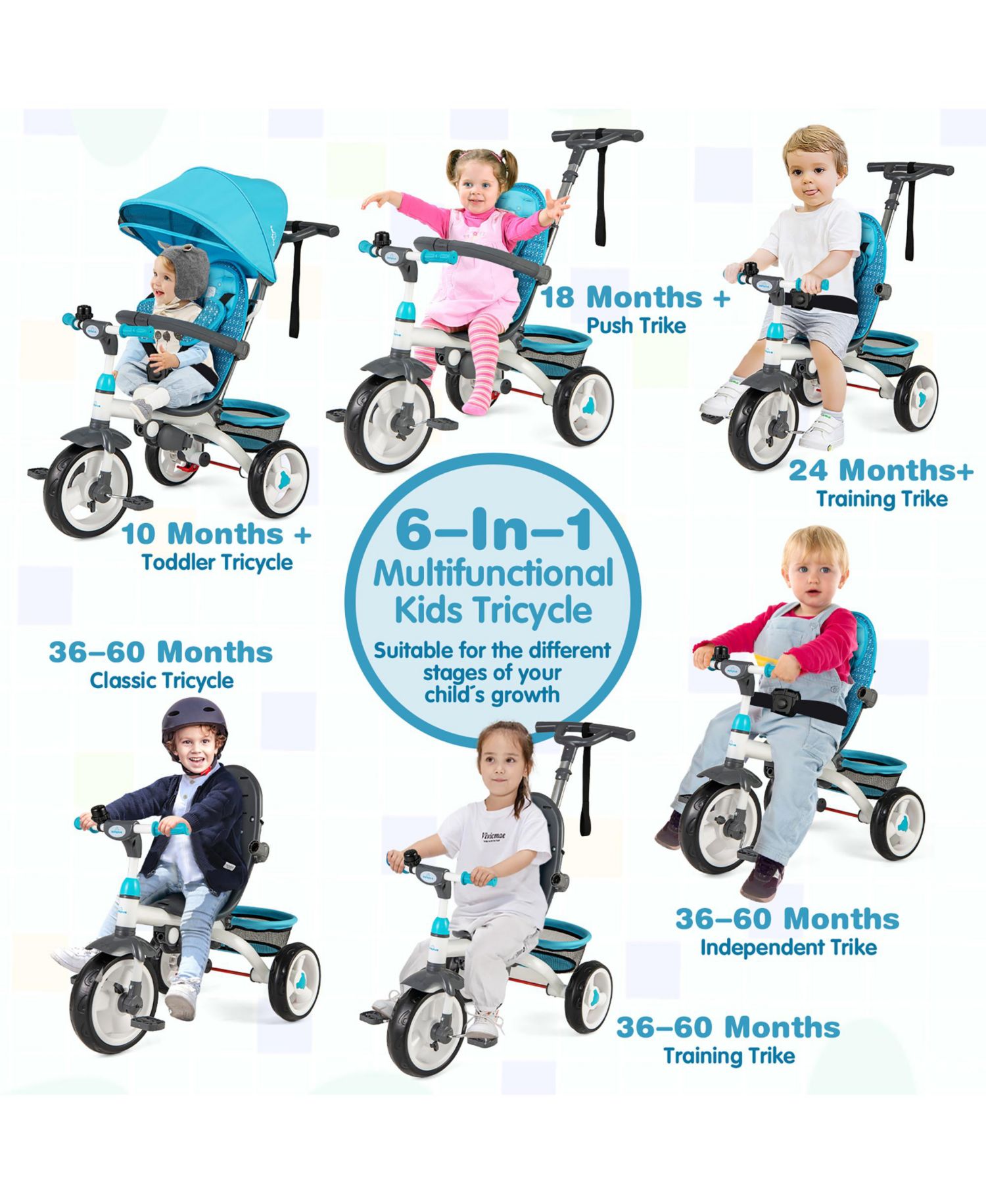 Toddler Tricycle Stroller 6-in-1 Push Trike w/ Removable 5-Position Canopy