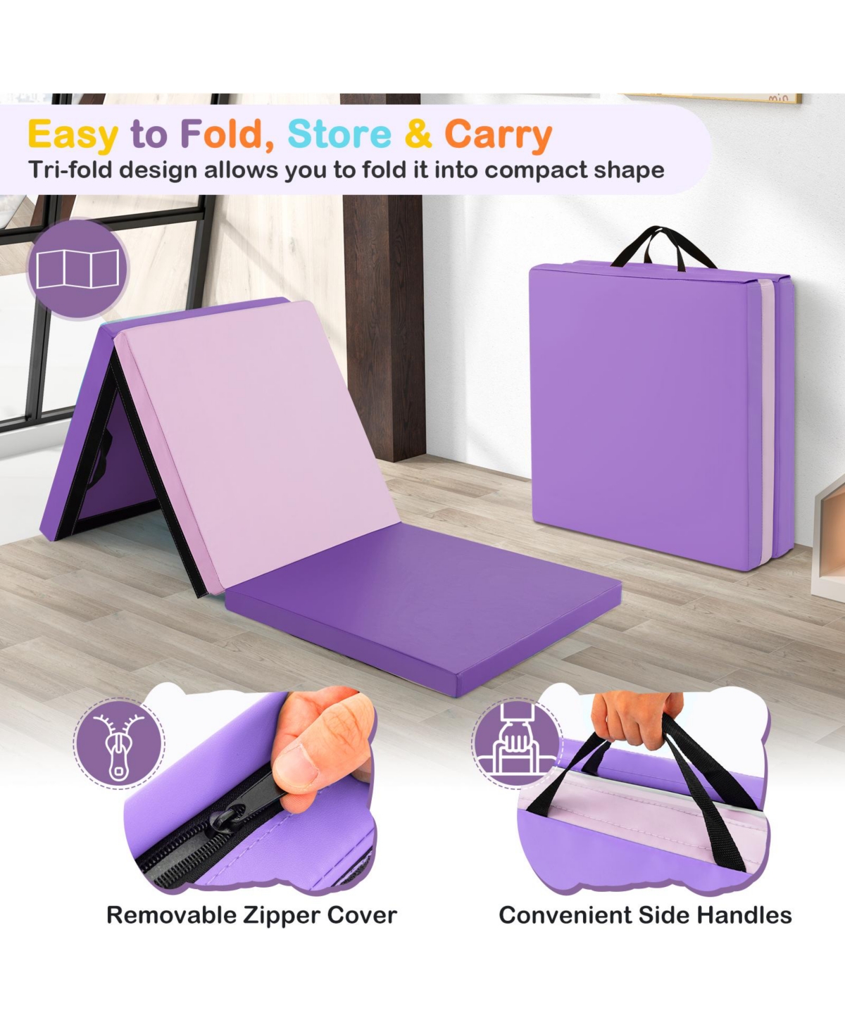 6 x 2 Ft Tri-Fold Gym Mat with Handles and Zippered Cover