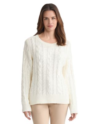 Jones New York - Petite Sequin Cable Crew Neck Sweater
