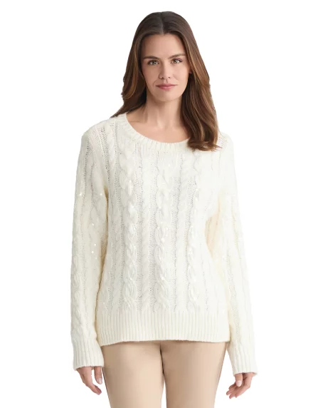 Petite Sequin Cable Crew Neck Sweater - Jones White