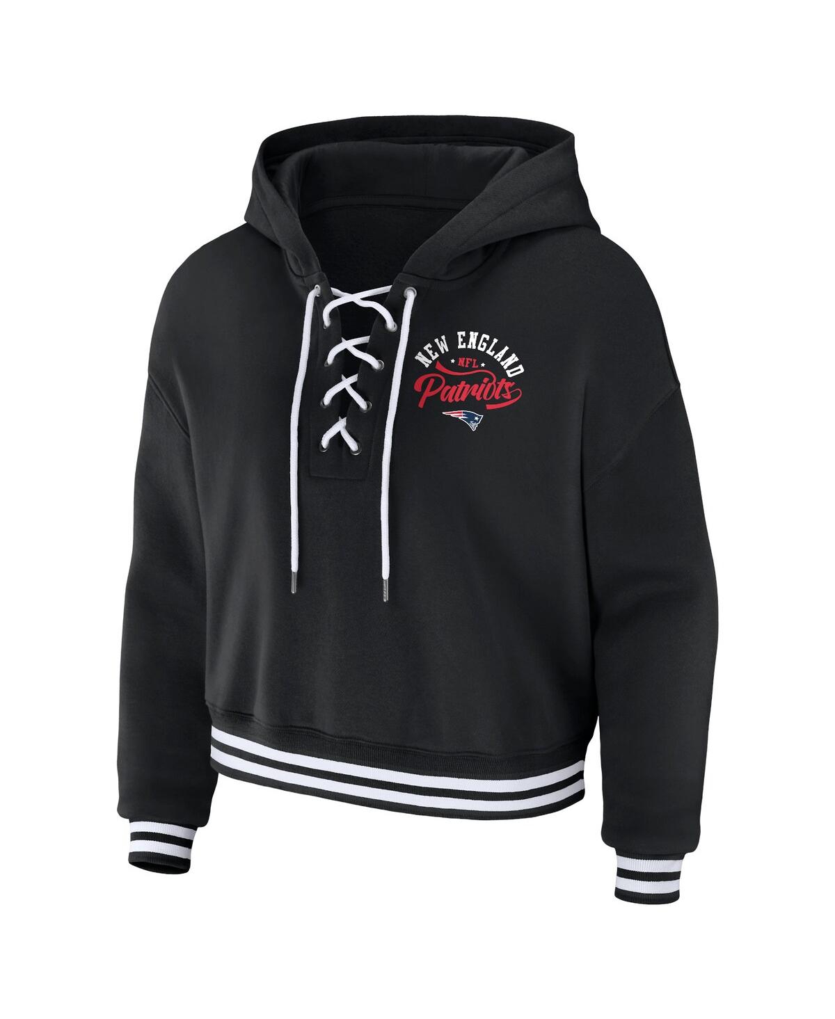 Wear By Erin Andrews Women's Black New England Patriots Lace-up Pullover Hoodie In Black