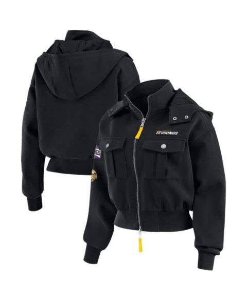 Женские куртки WEAR by Erin Andrews Women's Black Minnesota Vikings Patch Pocket Cropped Full-Zip Bomber Jacket