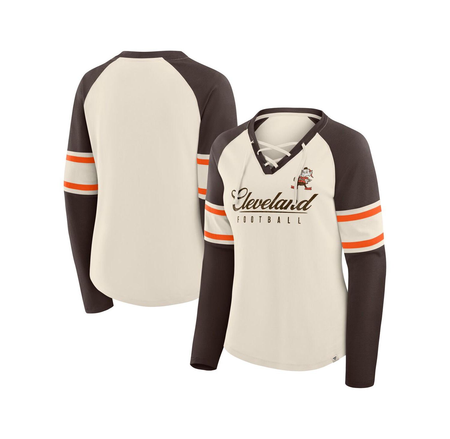 Women's Cream/Brown Cleveland Browns Hometown Gridiron Hero Raglan Lace-Up V-Neck Long Sleeve T-Shirt