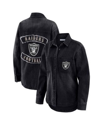 WEAR by Erin Andrews - Women's Black Las Vegas Raiders Washed Oversized Denim Full-Snap Shacket