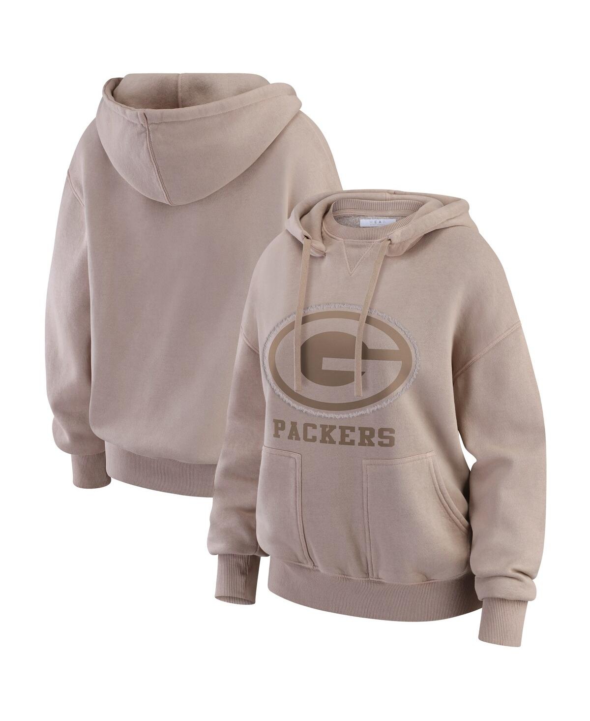 Wear By Erin Andrews Women's Tan Green Bay Packers Washed Pullover Crewdie Hoodie In Brown