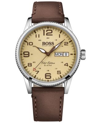 BOSS - Men's Pilot Brown Leather Strap Watch 44mm 1513332