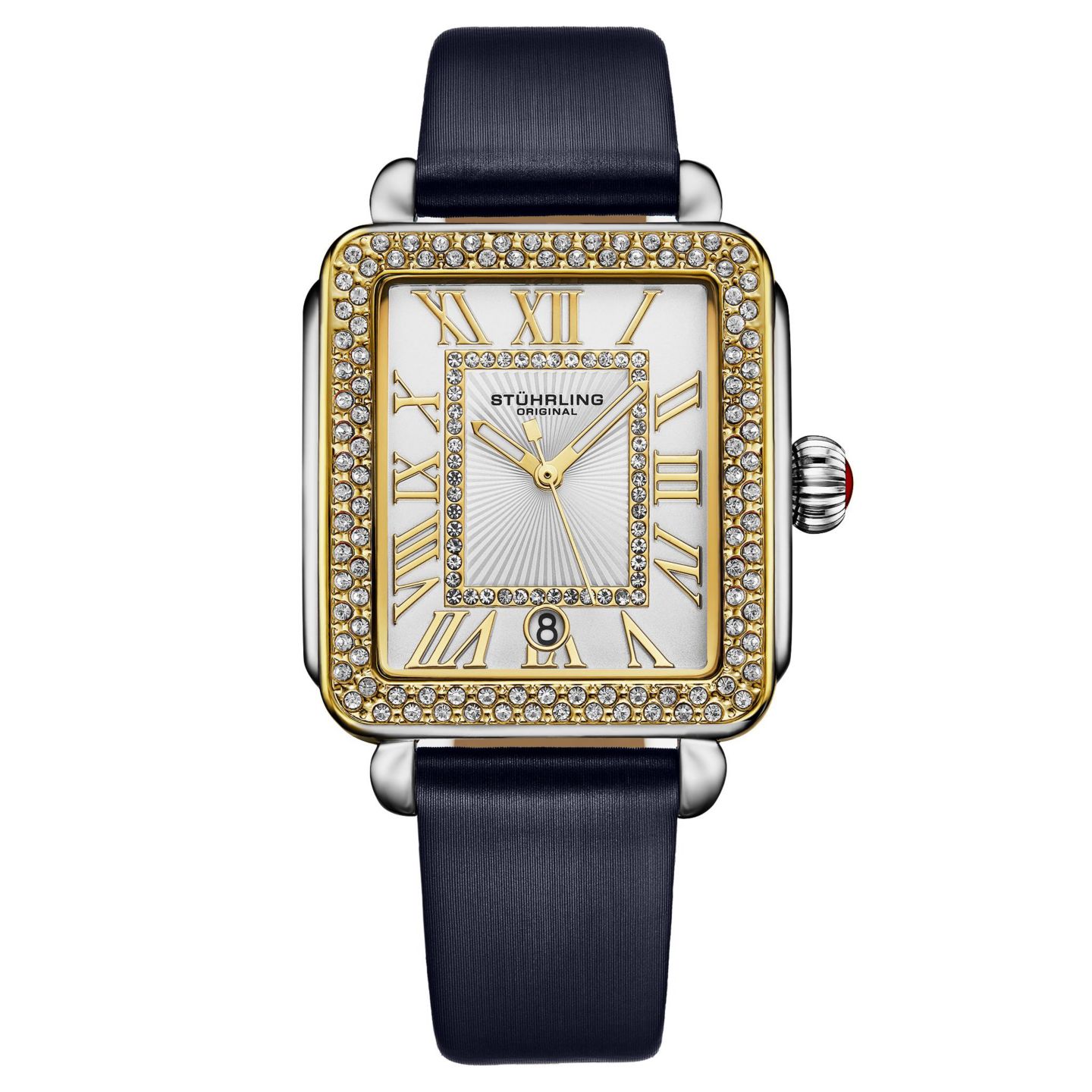 Женские часы Stuhrling Elegant Rectangular 35x47mm Dress Watch - Model 4060L.4, Gold Crystal Bezel, Silver Case, Blue Leather Strap — фото 1