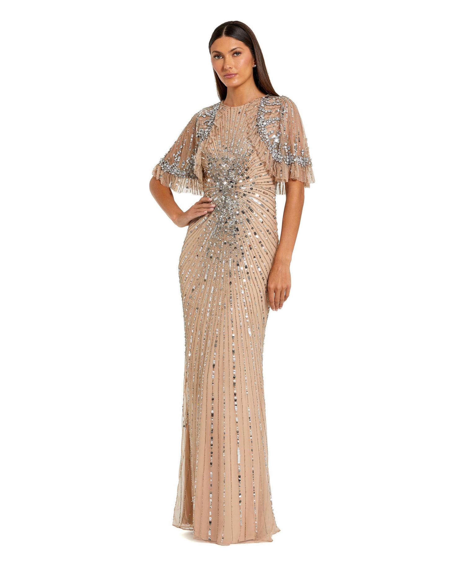 Women's Fitted Beaded Mesh Gown With Capelet