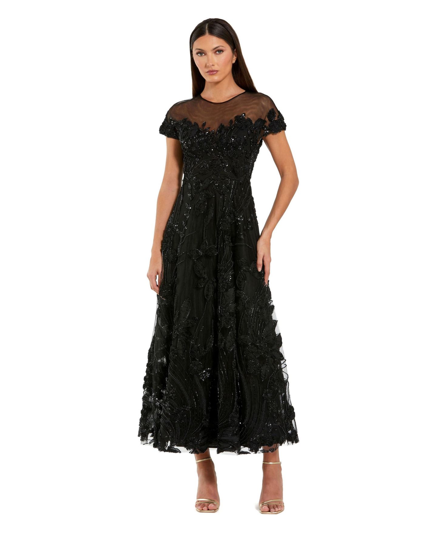 Женское платье Mac Duggal Embellished Lace Illusion Neck A-Line Midi, цвет: Чёрный — фото 1