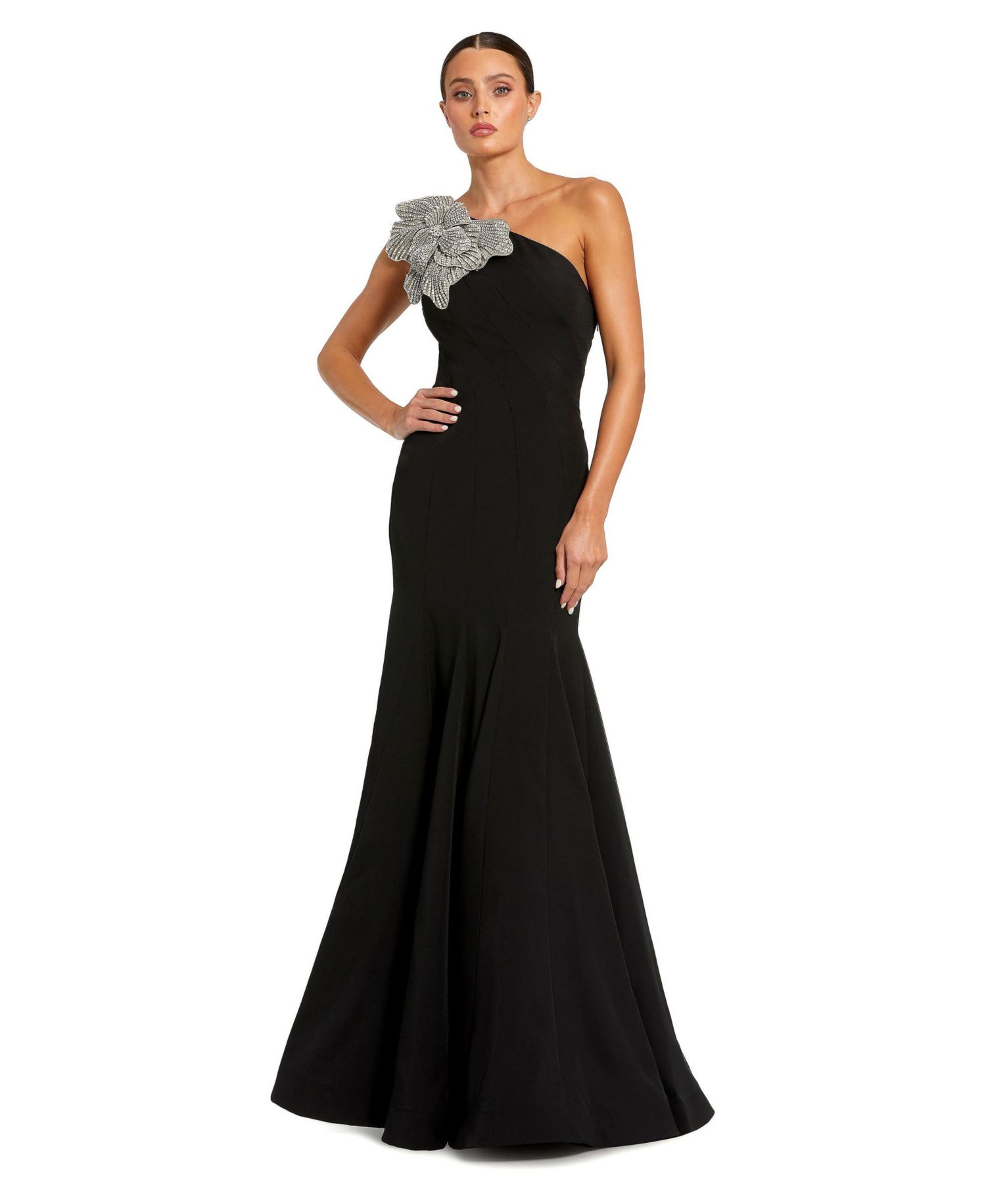 Women's Crepe One Shoulder Gown With Flower