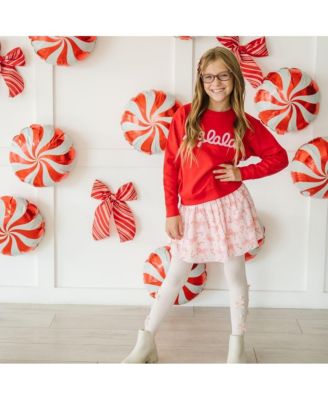Little and Big Girls Candy Cane Bow Printed Christmas Tutu Skirt