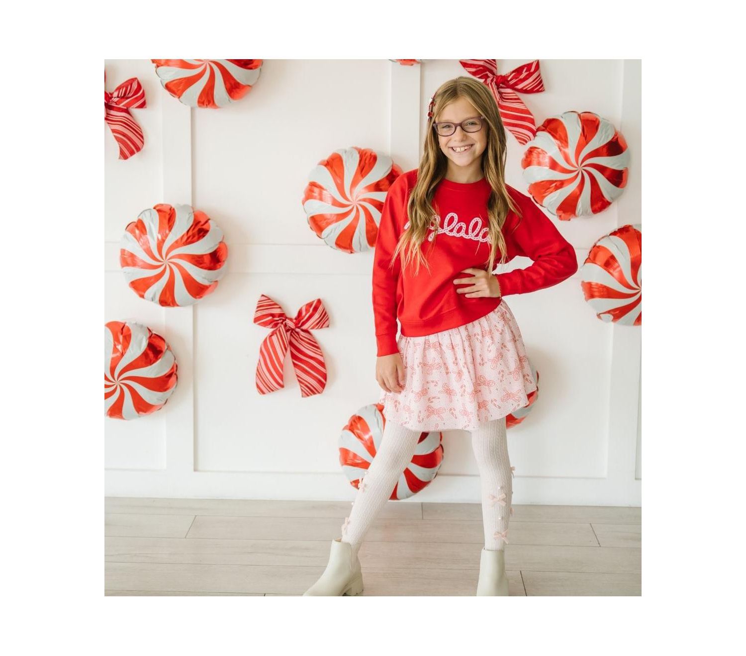 Little and Big Girls Candy Cane Bow Printed Christmas Tutu Skirt
