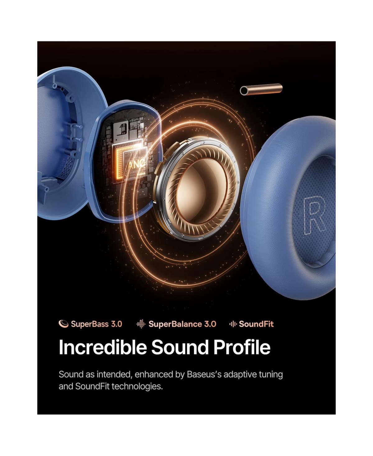 Baseus Inspire XH1 Anc Headphones, Sound by Bose, Dolby Audio, Adaptive Anc, Hi-Res 100H Playtime, Blue