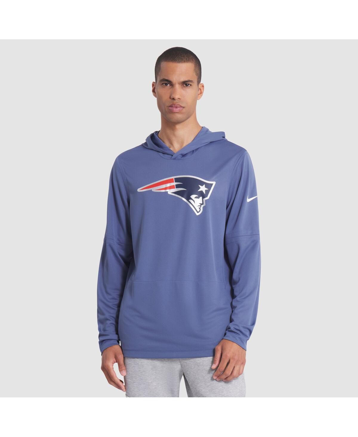 Мужская футболка Storm Blue New England Patriots из коллекции Rivalries 2025 года Sideline Dri-FIT с капюшоном и длинными рукавами