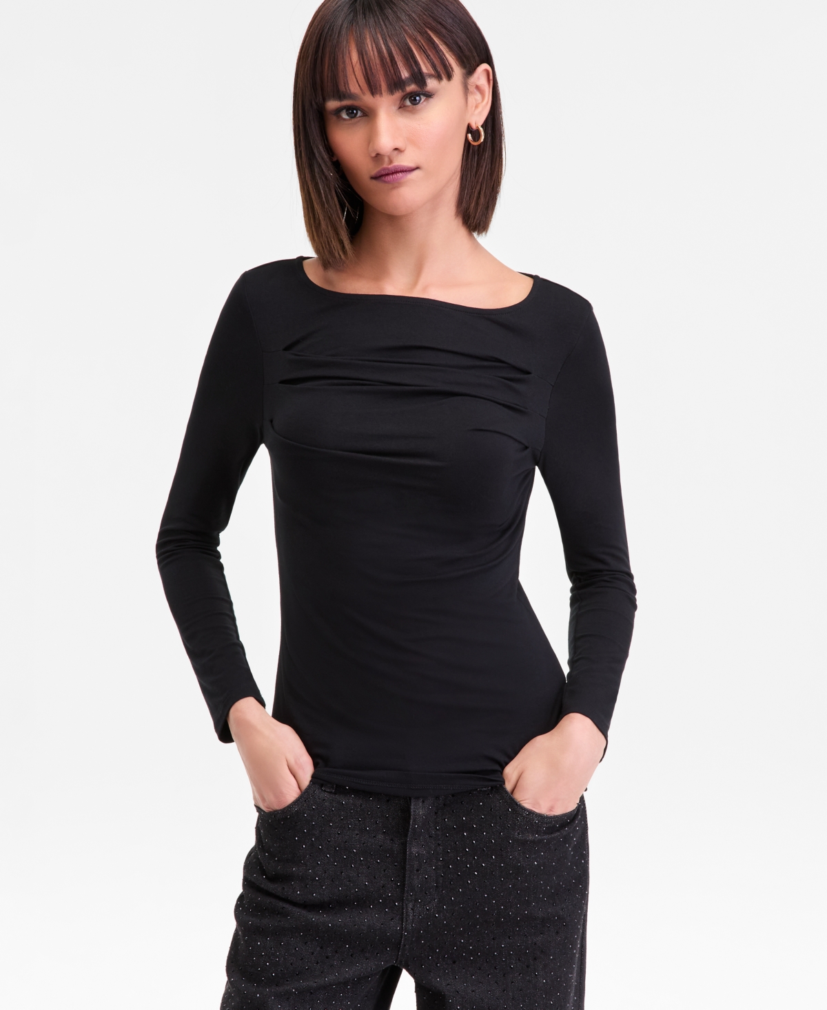 Inc International Concepts Women's Open-neck Placed-pleat Top, Macy's Exclusive In Black