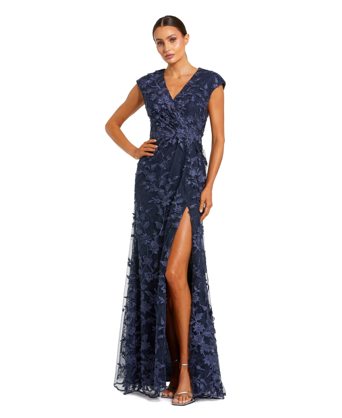 Mac Duggal Women's Faux Wrap Embroidered Cap Sleeve Gown