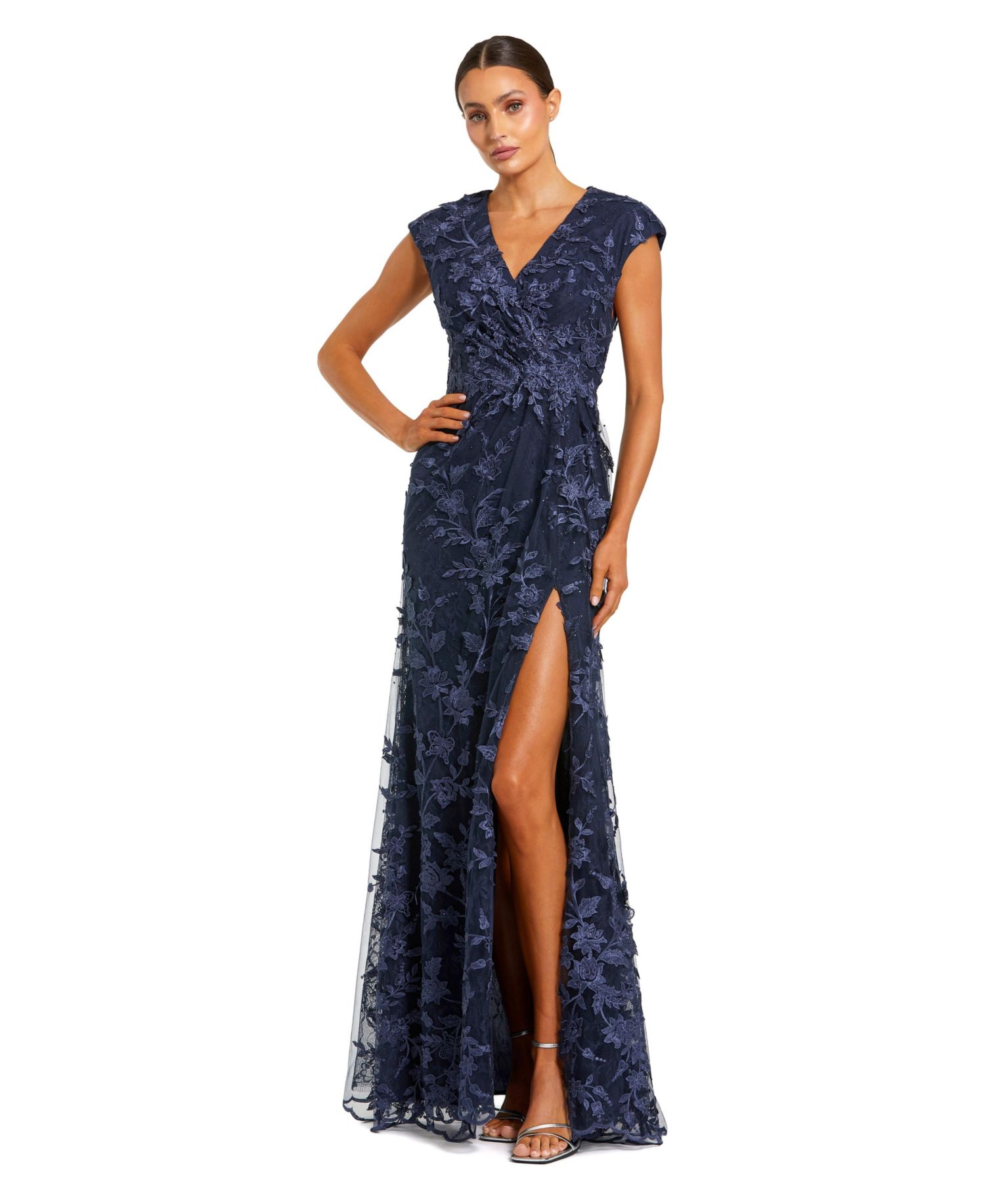 Women's Faux Wrap Embroidered Cap Sleeve Gown