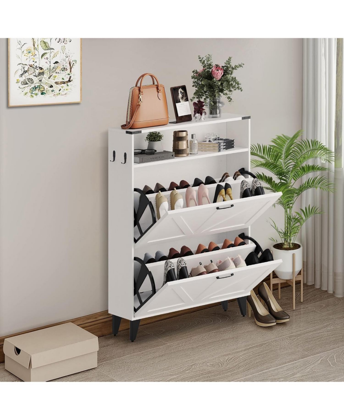 gaomon Shoe Cabinet with 2 Flip Drawers, Freestanding Shoe Cabinet Organizer with Metal Legs, Shoes Storage Cabinet for Entryway, White