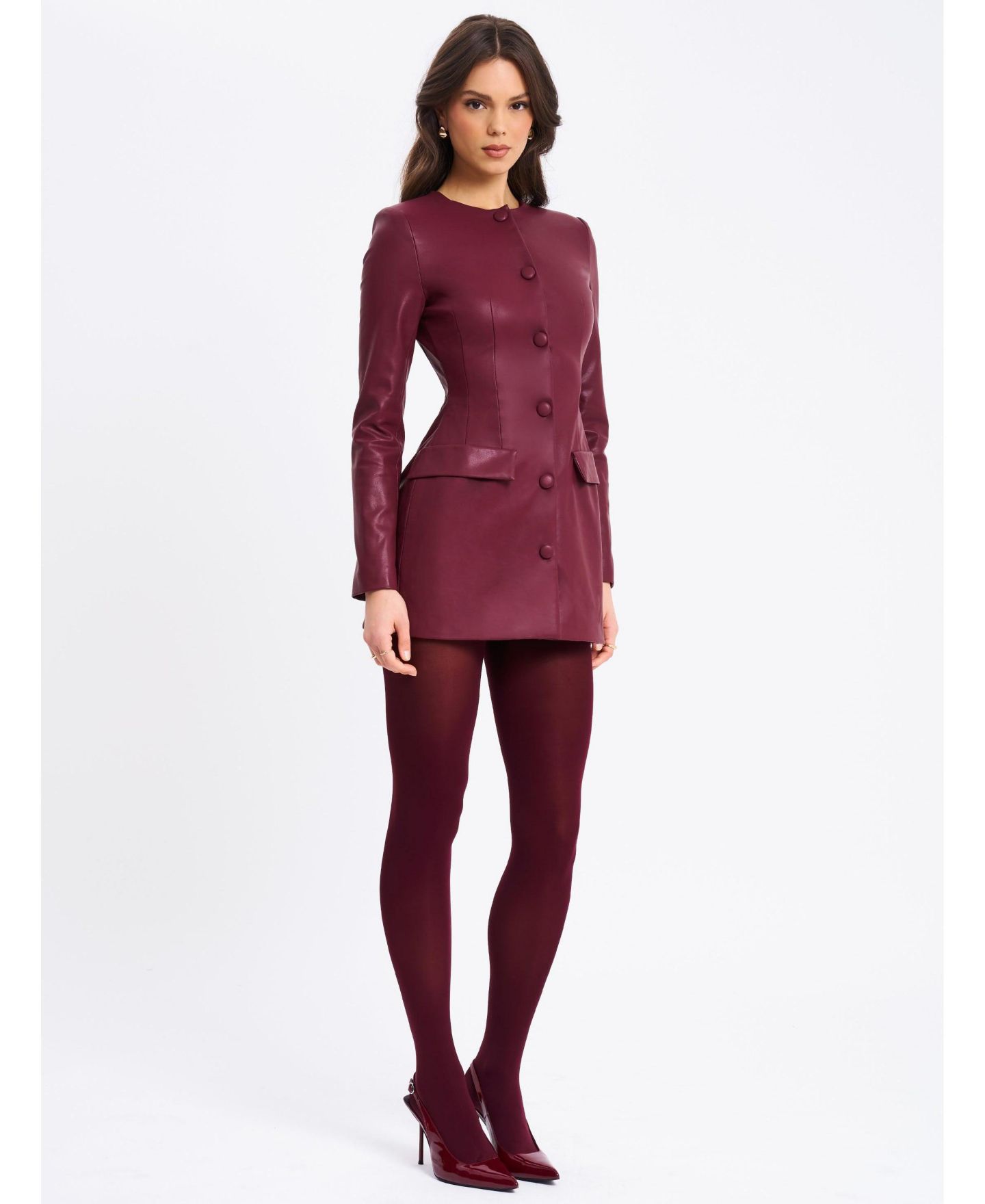 Женское платье Miss Circle Women Baila Burgundy Faux Leather Blazer Mini, цвет: Тёмный бордовый — фото 6