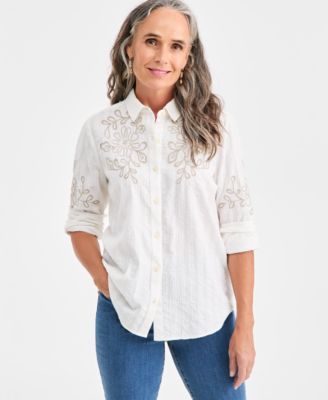 Style & Co - Women's Cotton-Blend Embroidered Tonal-Stripe Blouse