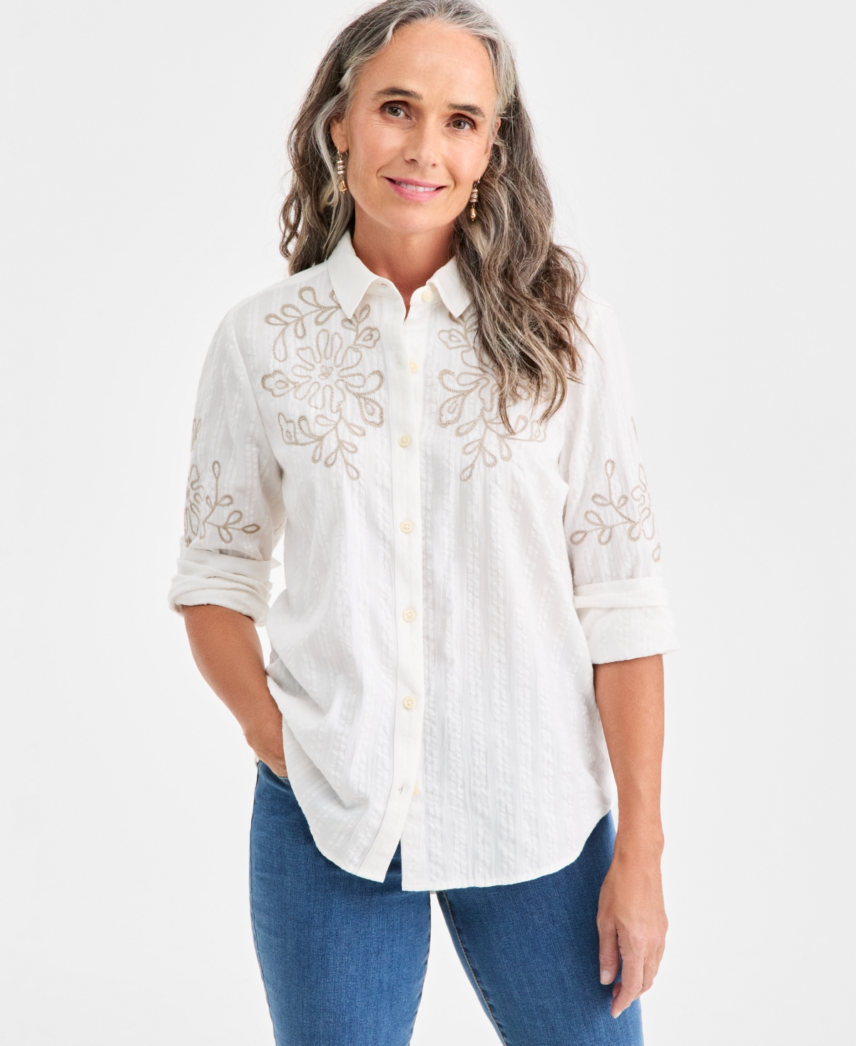 Style & Co Women's Cotton-Blend Embroidered Tonal-Stripe Blouse, Macy's Exclusive