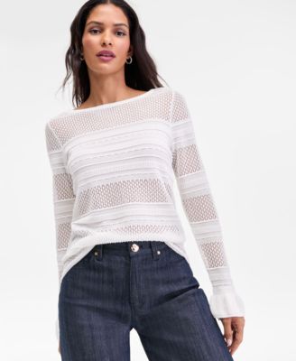 Women's Long Sleeve Sheer Stripe Sweater, Macy's Exclusive