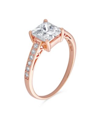 Classic 2.5CT Princess Cut CZ Solitaire Promise Ring with Pave Side Stones Rose Gold Plated Sterling Silver