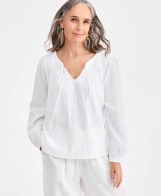 Style & Co - Petite Solid Smock Neck Blouse