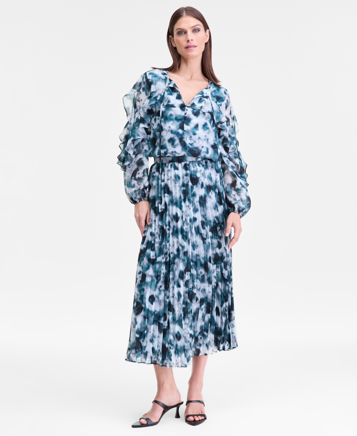 I.n.c. International Concepts Women's Printed Ruffle-Trim Split-Neck Blouse, Macy's Exclusive