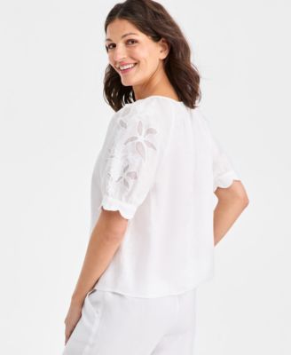 Women's 100% Linen Scalloped-Cuff Scoop-Neck Top, Macy's Exclusive