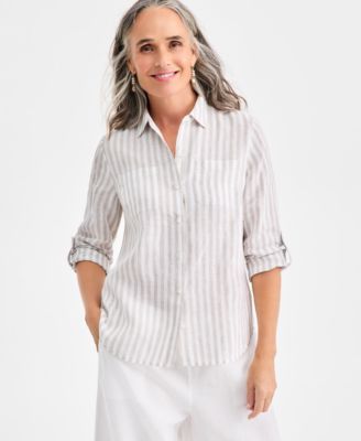 Charter Club - Petite Woven Multi-Stripe 3/4-Sleeve Shirt