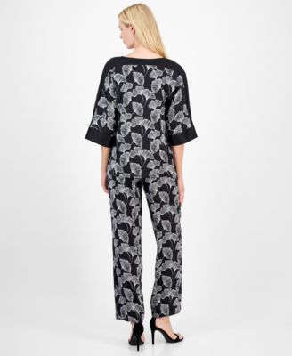 Women's Printed 3/4-Sleeve Boat-Neck Top & Printed Pull-On Wide-Leg Pants