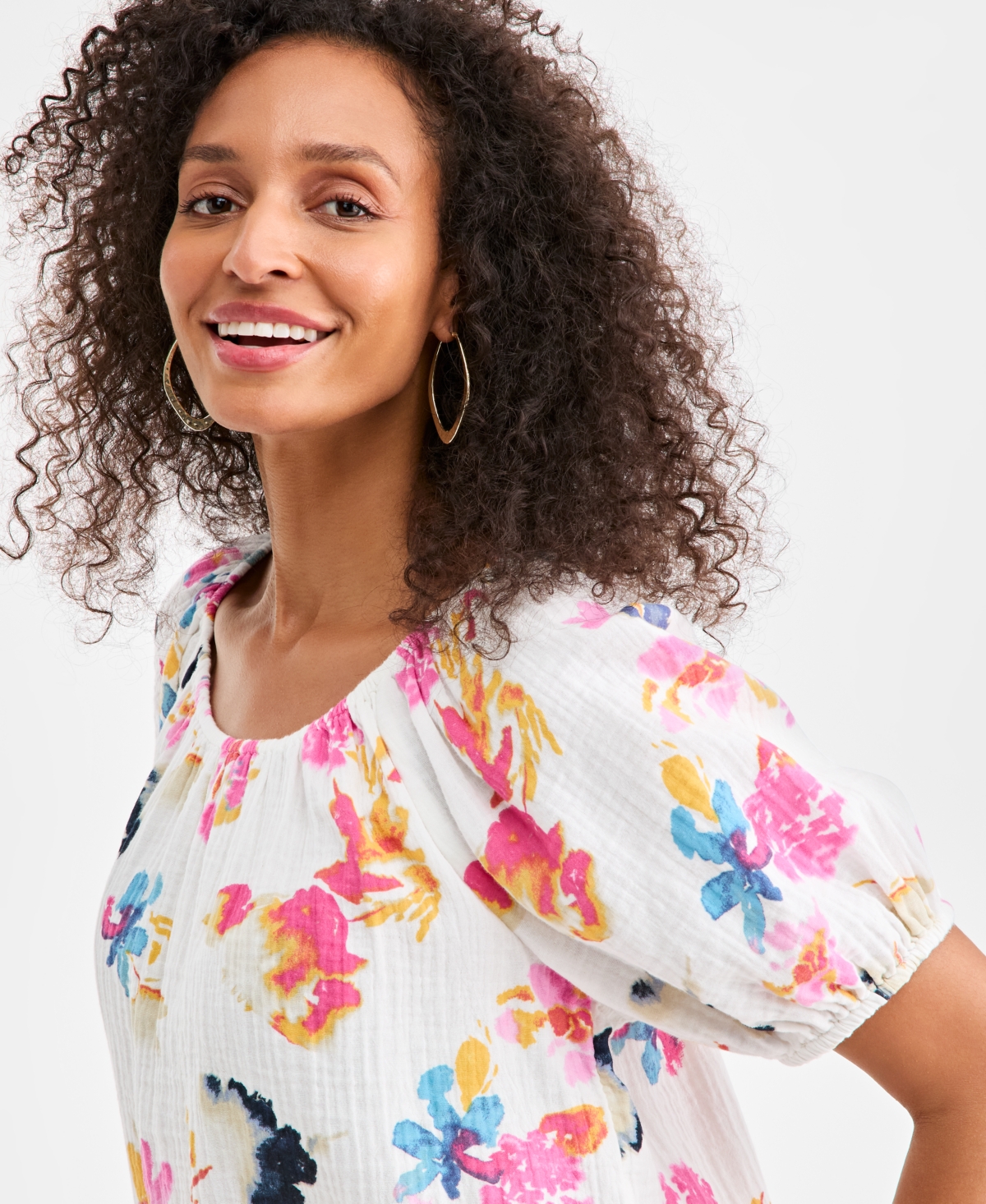 Style & Co Petite Print Gauze Short-Sleeve Bubble Top
