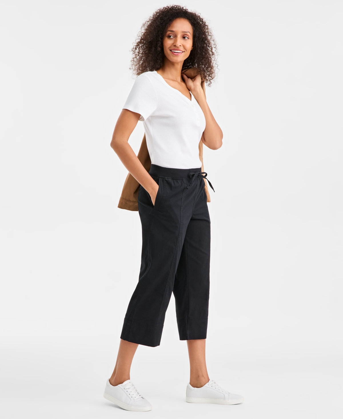 Style & Co Petite Drawstring Cuff Capri Pants In Black