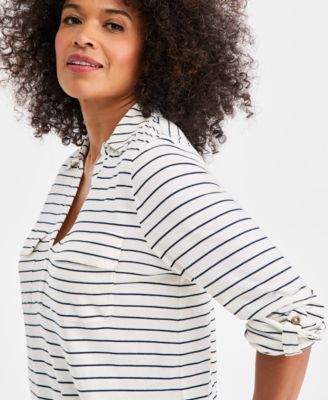 Women's Striped Collared Knit Roll-Sleeve Top